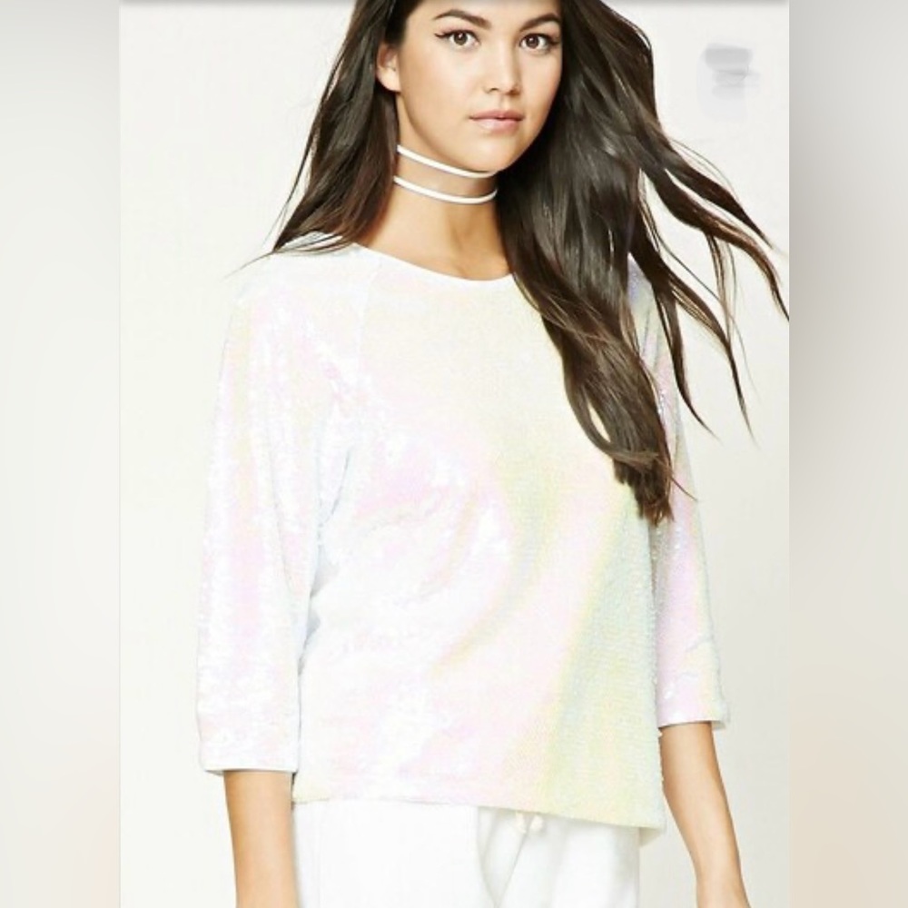 NWOT Small Forever 21 White and Pink Mermaid Sequin Long Sleeve Top